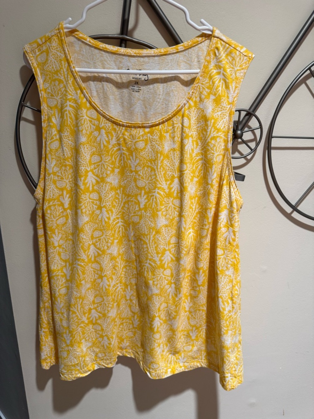 Coral Bay Yellow Floral Coral Print Scoop Neck Tank 100% Cotton Coastal Size 2X